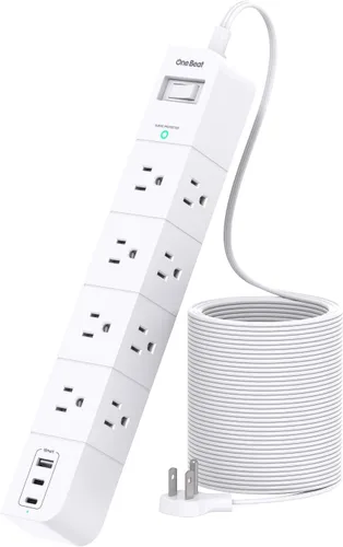 Vista 9 de One Beat Cable de extensión de 10 pies, regleta protectora de sobretensiones, 8 tomas de CA amplias, 3 USB, enchufe plano, estación de carga