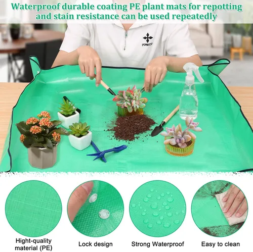 Vista 8 de Tapete de trasplante de plantas para jardín, 2 piezas, impermeable, plegable, para interiores, portátil, cuadrada, bandeja para macetas con 6 piezas