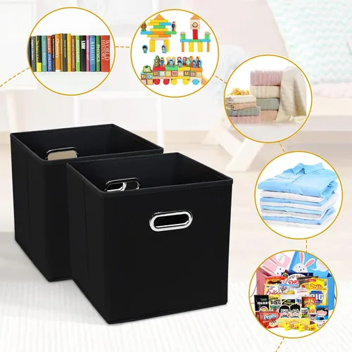 Vista 3 de Contenedores de almacenamiento plegables de 11 pulgadas, cubos de tela negra con asa para armario o caja plegable, juego de 2 unidades de 11 x 11 x