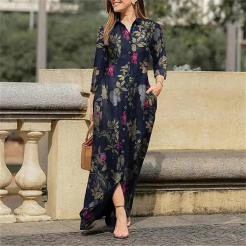 Vista 2 de Vestidos de mujer a la moda, casual, estampado a cuadros, panel de solapa, recto, manga larga, suelto, vestido largo