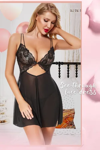 Vista 5 de ADSEXY Lencería transparente para mujer, babydoll de encaje sexy, floral, cuello en V, camisola de pestañas, vestido de negligee