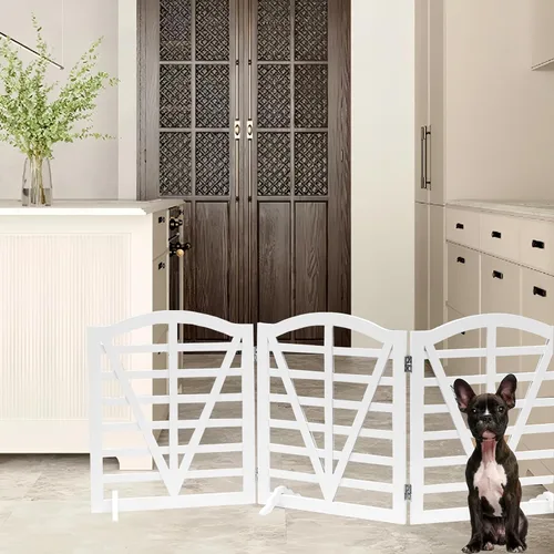 Vista 2 de Puerta de madera para perros, puerta independiente para mascotas, puerta plegable para mascotas, cercas para perros de interior con soporte de 3