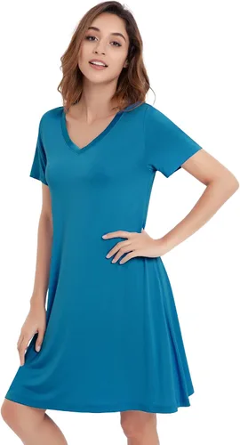 Vista 3 de NACHILA Camisones de viscosa para mujer, hechos de bambú, suaves camisas de dormir de manga corta, ropa de dormir suelta