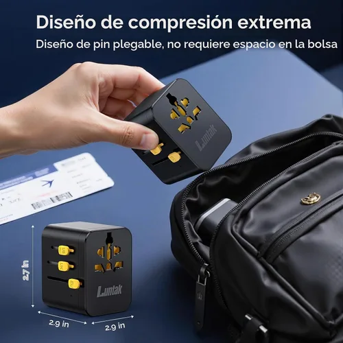 Vista 8 de Adaptador de viaje universal en todo el mundo con 2 USB-A y 2 USB-C y 1 Negro