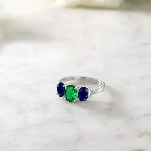 Vista 4 de Gem Stone King 10K White Gold 3-Stone Diamond Engagement Ring 1.72 Ct Oval Green Simulated Emerald Blue Sapphire