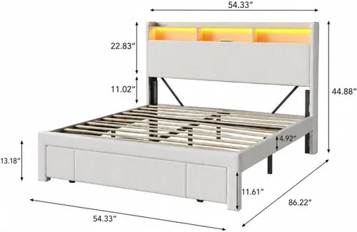 Vista 2 de Tufted Bed Frame with Headboard Shelves, Charging Station, LED Lights, Large Underbed Storage Drawer, No Box Spring Needed (Beige, Full)