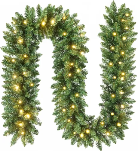 Vista 3 de Somikis - Pack de 2 guirnaldas de Navidad preiluminadas de 2.7 m con 50 luces LED artificiales y diseño clásico de pino verde para repisa