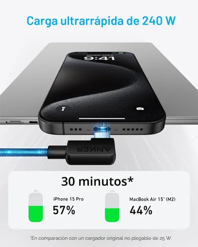 Vista 3 de Anker Cable USB C a USB C en ángulo recto, 240 W, cable de carga trenzado tipo C de 90 grados tipo C para iPhone serie 17 y más