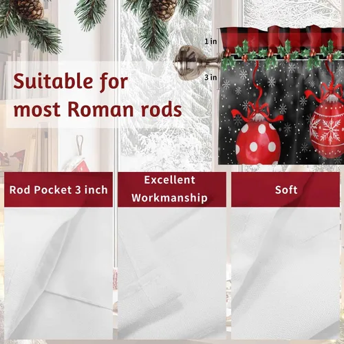 Vista 36 de Cenefa de cortina con lazo rojo de Navidad para ventanas, sala de estar, cocina, baño, granja, bolas de Navidad de acuarela con diseño de bayas