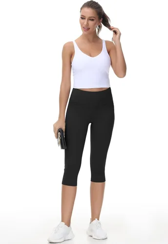 Vista 4 de Wjustforu Pantalones hasta la rodilla para mujer, leggings de entrenamiento con bolsillos, cintura alta, capris de yoga para casual verano