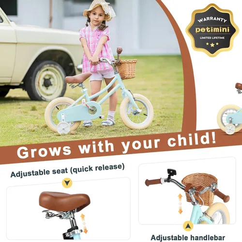 Vista 4 de Petimini Vintage Kids Bike for Girls, 12–20 Inch Classic Bicycle with Wicker Basket & Bell, High Tensile Steel Frame, Training Wheels (12–18”), 85%