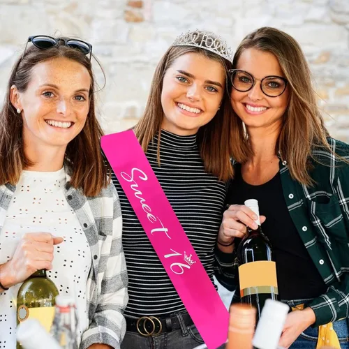 Vista 4 de Semato Kit de Corona de Cumpleaños 16 y Banda de Dulces 16 Rosa Claro - "Dulces 16" Adornos para Fiesta de Cumpleaños, Regalos para Fiesta de Rosa