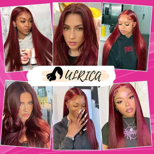 Vista 6 de ULRICA 99J - Pelucas de encaje frontal burdeos de 20 pulgadas, pelucas de cabello humano para mujeres negras 13x4, encaje HD burdeos, peluca de Rojo