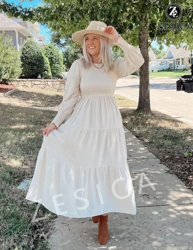 Vista 7 de ZESICA Vestido midi casual de manga larga con cuello redondo, cintura alta, fruncido, fluido y escalonado para mujer