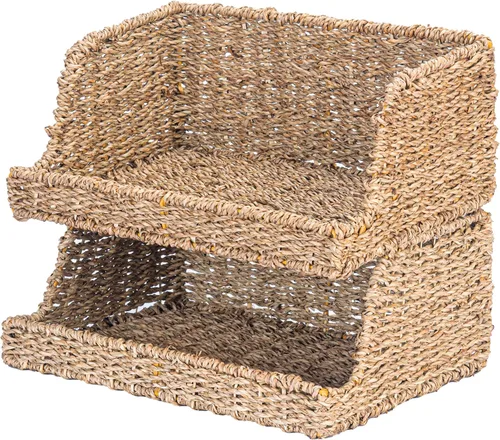 Vista 18 de VATIMA Cestas de hierba marina con asas de madera, juego de 3 cestas decorativas de mimbre natural para cocina