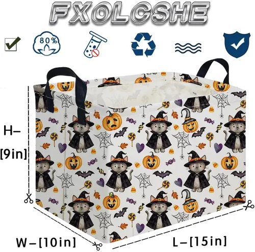 Vista 7 de Cesta rectangular de Halloween para gatos, cestas vacías de Halloween, cesta de truco o trato para niños y niñas, cestas de estantería, papelera