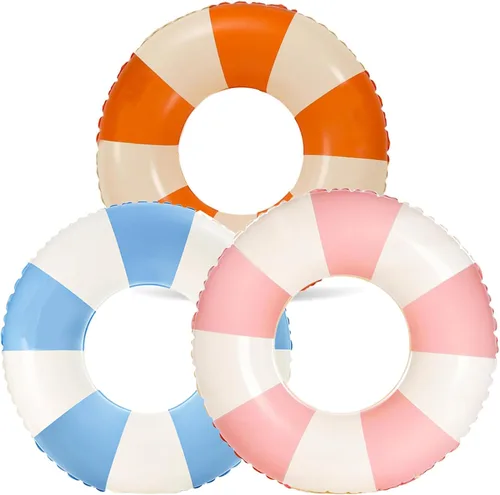 Vista 16 de Flotadores de piscina a rayas de 32 pulgadas para adultos, paquete de 3 flotadores inflables de piscina - Flotador de piscina de verano para adultos