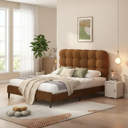 Vista 12 de Base de cama individual BarnFurin con cabecera tapizada, tela suave tipo bouclé, cama plataforma con fuerte soporte de listones de madera, diseño
