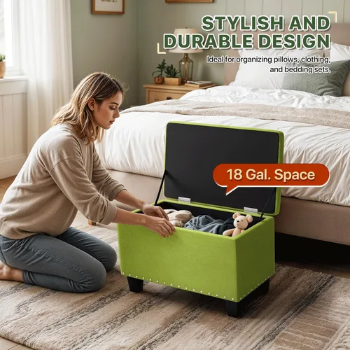 Vista 6 de MoNiBloom Banco otomano de 24 pulgadas con almacenamiento para dormitorio, banco contemporáneo de lino verde copetudo, reposapiés, taburete otomano