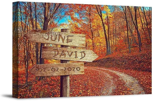 Vista 23 de Bosque Otoñal Foto o Impresiones en Lienzo Personalizadas Únicas con Nombres de la Pareja y Fecha Especial en Letrero, Regalo Perfecto