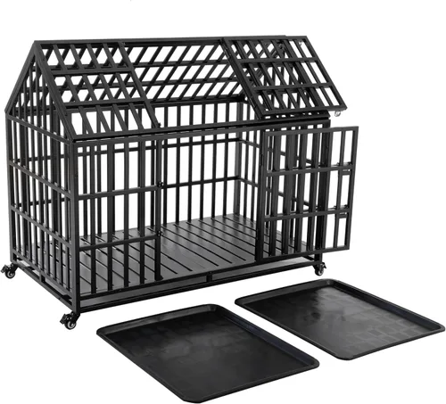Vista 7 de Muebles resistentes de 52 pulgadas, jaula grande para perros con ruedas con cerradura, perreras de metal fuerte y jaulas para perros grandes