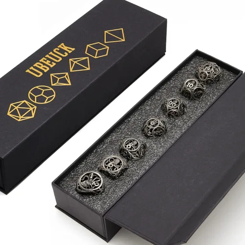 Vista 7 de Dados DND, dados de metal huecos D&D, juego de dados de mazmorras y dragones con caja de regalo, 7 piezas de juegos de dados poliédricos steampunk