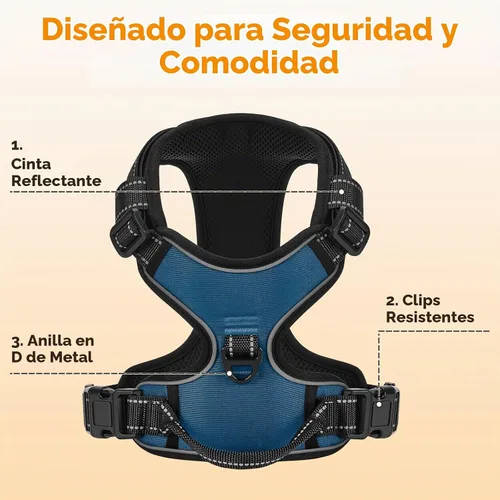 Vista 6 de Arnés para perro sin tirones, chaleco reflectante acolchado suave sin estrangulamiento, con clip frontal y asa superior, 2 hebillas de liberación
