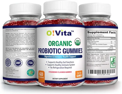 Vista 5 de Gomitas probióticas orgánicas, 5 mil millones de UFC, fuerza máxima, sabor a fresa, salud intestinal y apoyo inmunológico para hombres, mujeres