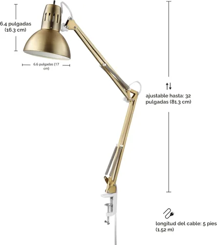 Vista 8 de Globe Electric 62000010 Lámpara de escritorio de 32" con múltiples articulaciones con abrazadera metálica, latón mate, acentos blancos, interruptor