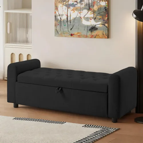Vista 21 de 48" Ottoman with Storage, Tufted Storage Ottoman Bench, Convenient Living Room Fabrics Bench Seat, Entryway Shoe Benches with Inner Zipper & Arm