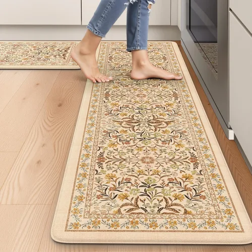 Vista 19 de Collive Tapete Anti Fatiga para Piso de Cocina, Tapetes de Cocina con Diseño Floral Primaveral para Piso Juego de 2, Alfombras para Fregadero Beige