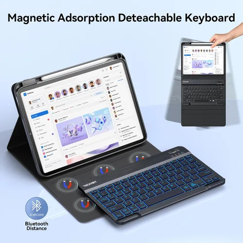 Vista 4 de TECKNET Funda para iPad A16 de 11ª/10ª generación con teclado, retroiluminación de 7 colores, funda de teclado Bluetooth inalámbrica desmontable