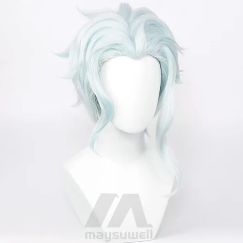 Vista 3 de Peluca de cosplay de anime con mezcla de plata con cabello azul claro Custome para fiesta temática de Halloween con gorra