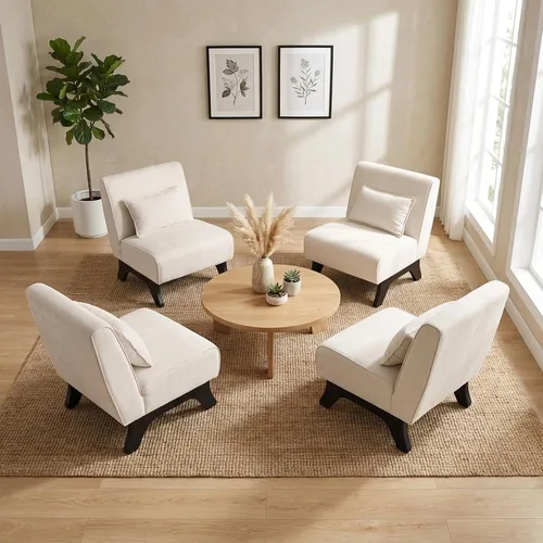 Vista 14 de Silla de acento tapizada sin brazos, sillas modernas y cómodas para sala de estar con patas de madera y almohadas, sofá cama lateral para dormitorio