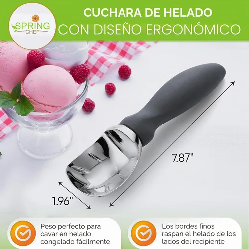 Vista 2 de Spring Chef Cuchara de helado de metal resistente con mango de agarre suave Gris
