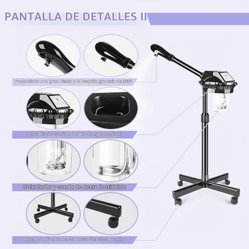 Vista 2 de Vaporizador facial, vaporizador facial poressional sobre ruedas con función de temporizador, vaporizador facial de ozono para spa, salón y uso