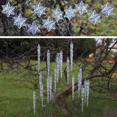 Vista 7 de ToBeIT 20 carámbanos acrílicos colgantes para árbol de Navidad y 10 copos de nieve acrílicos para árboles de Navidad, paquetes de regalo