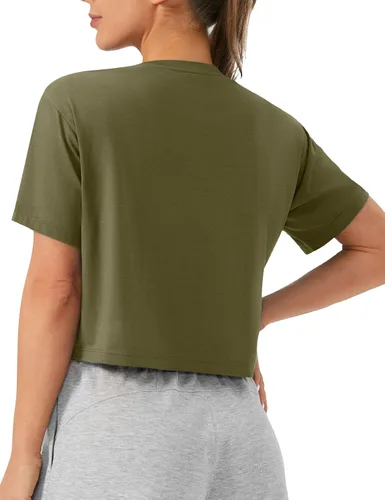 Vista 2 de THE GYM PEOPLE - Camiseta de entrenamiento para mujer, manga corta, básica, recortada, deportiva, de yoga, para correr, estilo boxy Verde militar