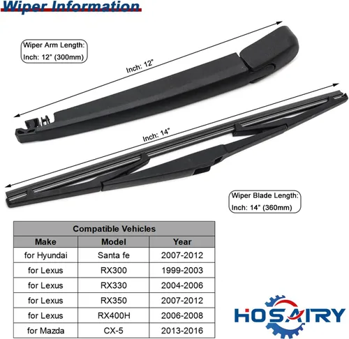 Vista 2 de Juego de limpiaparabrisas trasero para Hyundai Santa Fe 2007-2012 2.4L 2.7L, para Hyundai Accent Hatchback 2006-2012 Conjunto de limpiaparabrisas