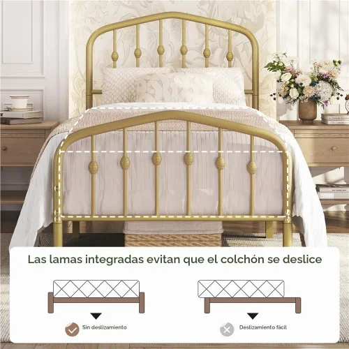 Vista 6 de Yaheetech - Base de cama metálica de tamaño individual con plataforma de cama de metal con cabecero y estribo de estilo victoriano/Fácil montaje/Sin
