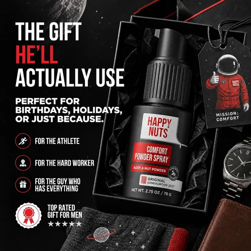 Vista 3 de Happy Nuts Comfort - Desodorante en aerosol en polvo para hombres: defensa del sudor antirozaduras, control de olor, sin aluminio, regalo perfecto