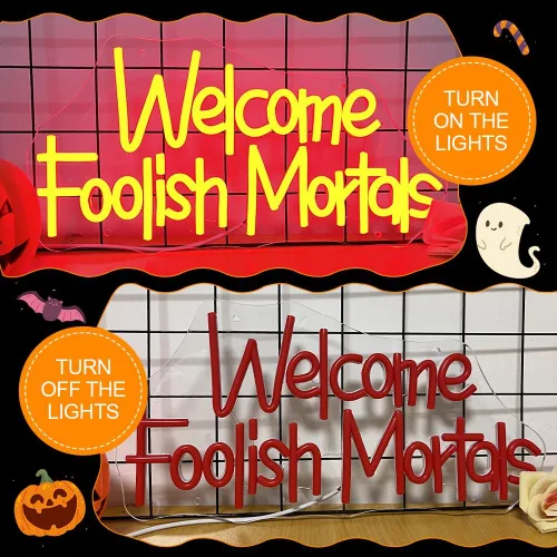 Vista 5 de Letrero de neón de Welcome Foolish Mortals, funciona con pilas, para fiesta de Halloween, puerta de casa embrujada, decoración de Halloween