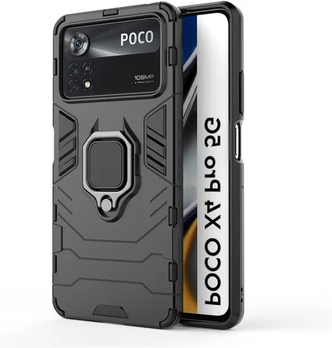 Vista 5 de Compatible con funda Xiaomi Mi Poco X4 Pro 5G, soporte de anillo de metal a prueba de golpes (funciona con soporte magnético para automóvil), Negro