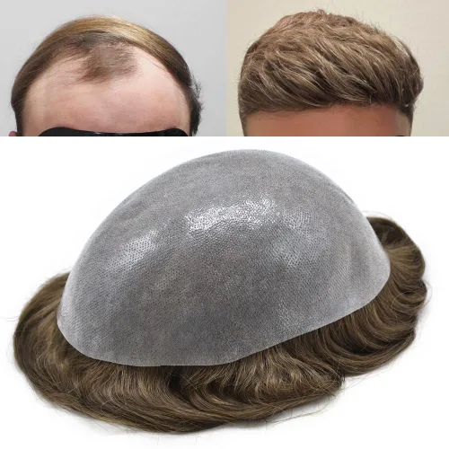 Vista 16 de PU Toupee para hombres pieza de pelo real sistema de reemplazo de cabello humano para hombres Toupee pieza de pelo para hombres piel polivinílica