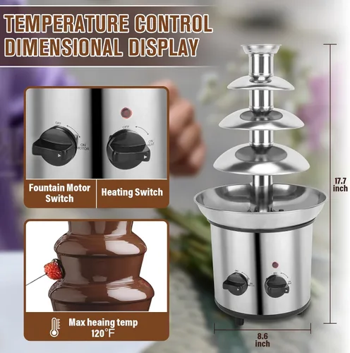 Vista 2 de Fuente de chocolate, fuente de fondue de chocolate de 4 niveles, máquina de fusión eléctrica para fiestas, queso nacho, rancho, salsa, boda, máquina
