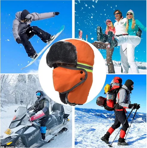 Vista 7 de Sombrero de esquí de invierno para hombres y mujeres, sombrero de soldado ruso cálido con máscara resistente al viento para esquí al aire libre