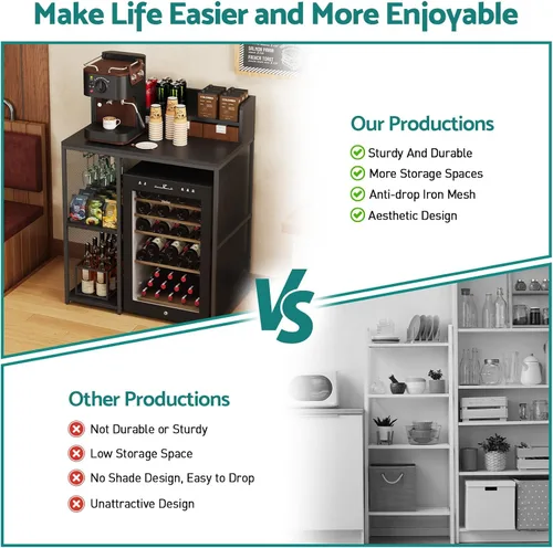 Vista 6 de Kikihouse - Estante de cocina de 4 niveles estilo industrial, soporte para mini refrigerador y microondas, estante de almacenamiento de utilidad