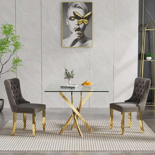 Vista 22 de Juego de mesa de comedor SSLine moderno de 3 piezas con mesa redonda de vidrio para 2, lujosa mesa de comedor circular de 36" con tapa de vidrio