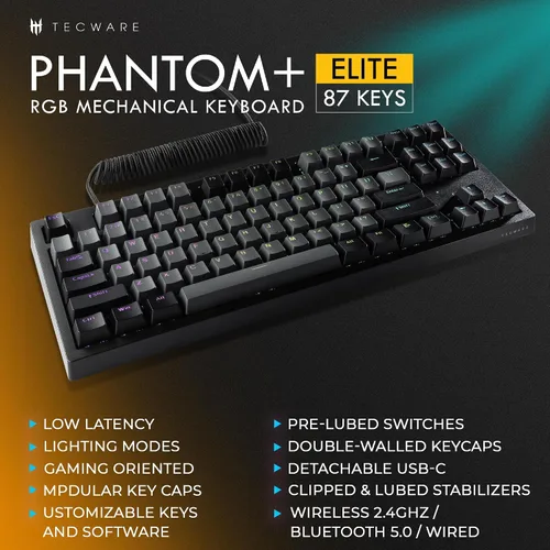 Vista 2 de TECWARE Phantom+ Elite Teclado mecánico RGB de 87 teclas para juegos 3 modos Bluetooth inalámbrico 5.0, 2.4 GHz y USB-C con cable 5 pines