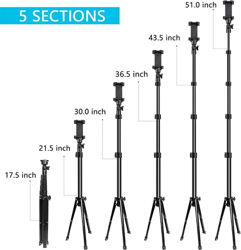 Vista 5 de TalkWorks Trípode flexible para teléfono, negro y soporte de trípode extensible de 51 pulgadas con control remoto Bluetooth para iPhone y Android